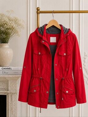 Snobbish Collection Red Hooded Utility Jacket | Lightweight Anorak Zip-Up Coat